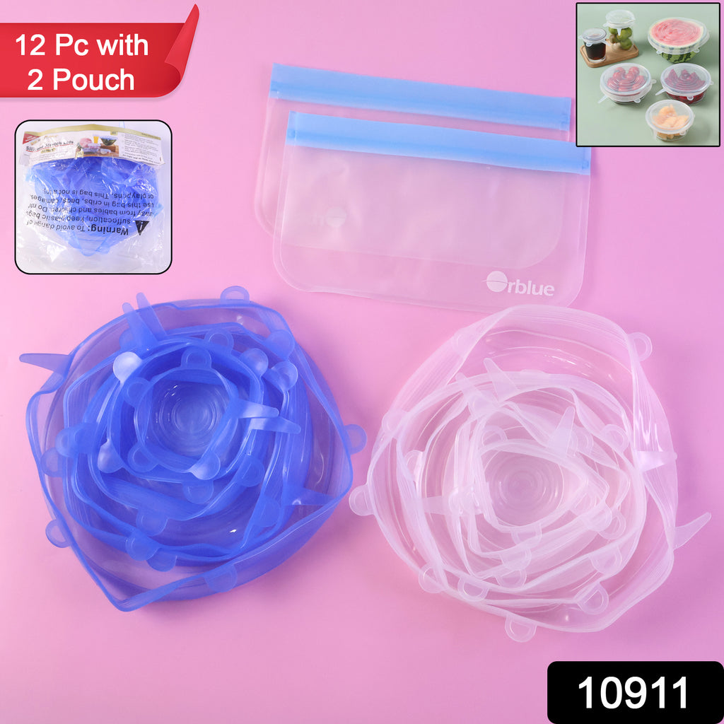 12 Peace Reusable Stretch Lids Set With 2 Storage Pouches  Flexible Food Cover Lids